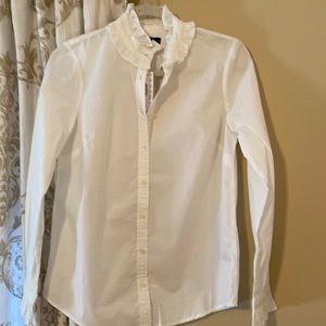 J.Crew Ruffle Neck white button down shirt women’s XS.